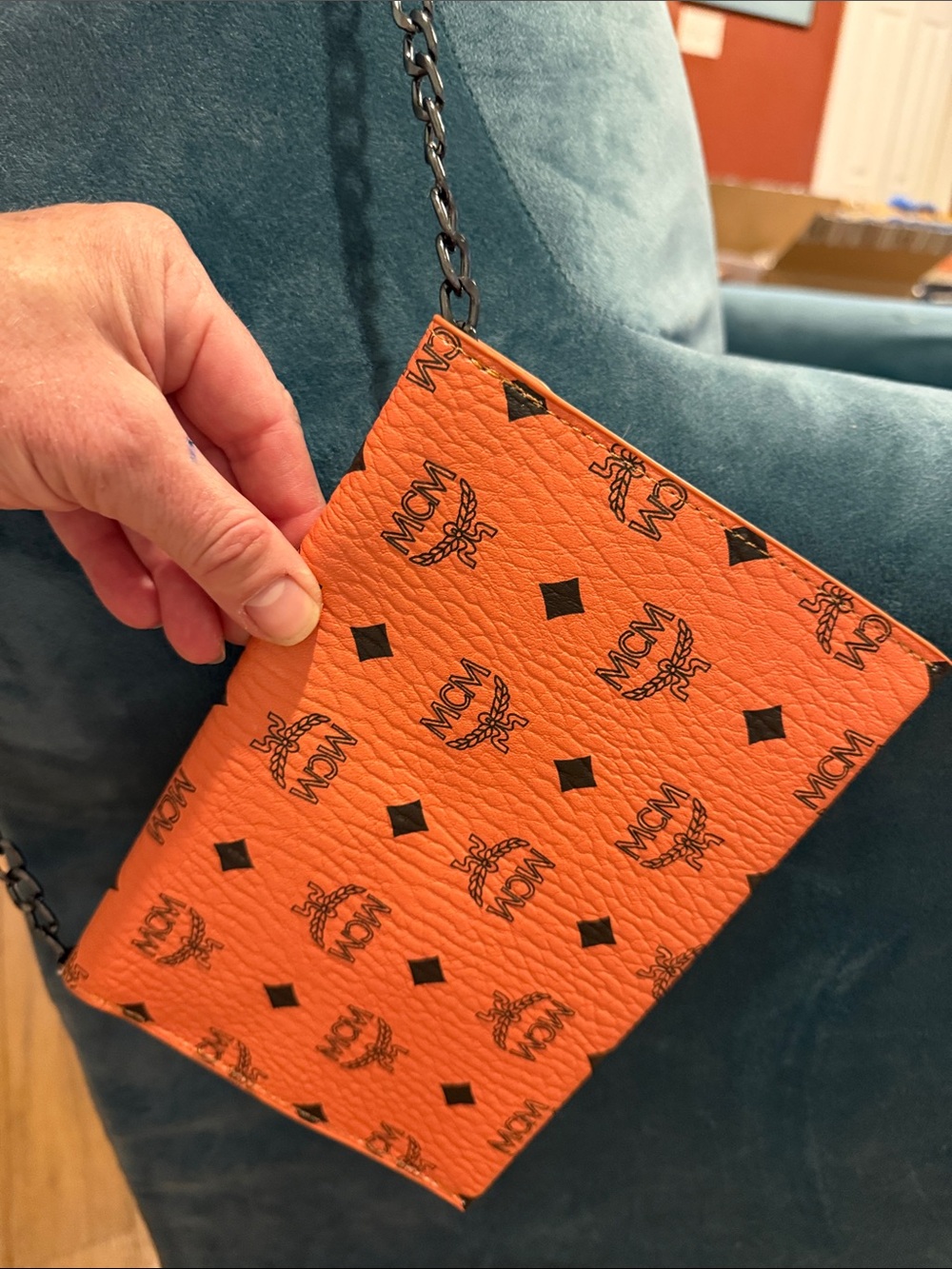 MCM Orange Logo Quilted Crossbody Wallet with FREE card insert and Chain Strap - Picture 2 of 2